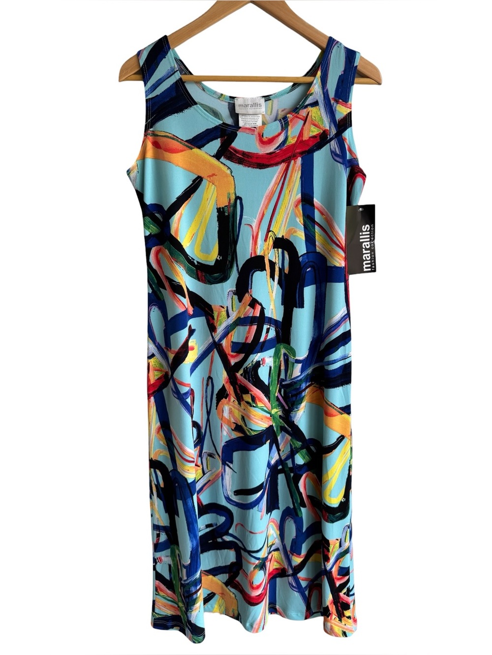Marallis Artsy Shift Midi Dress Sz M Blue Multicolour Sleeveless Stretch Canada